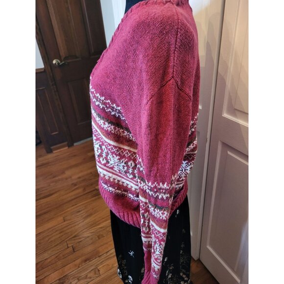 Tiara Vintage 90's Burgundy/White Fair Isle Zip Up Sweater M Apres' Ski Cozy - Picture 7 of 8